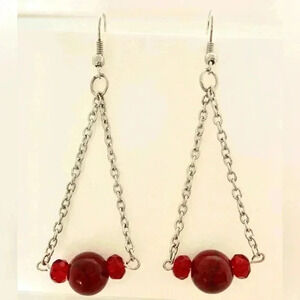 Bauble handmade/homemade red, small bead bar on chain, stainless steel, 2 1/2”